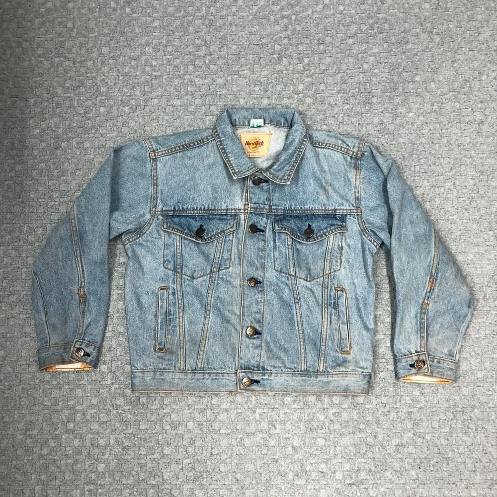Vintage Hard Rock Cafe Jacket Youth 10 Blue Denim Berlin Trucker Embroidered 90s
